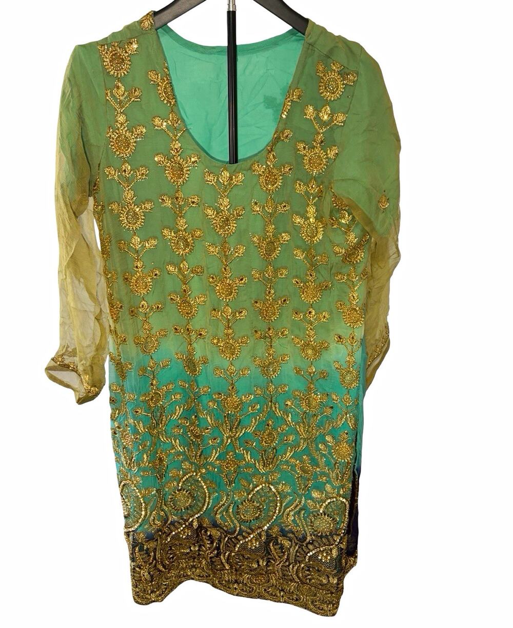 Women’s Green/Gold A-Line Knee Length Dress Sheer Long Sleeve V-Neck Beaded